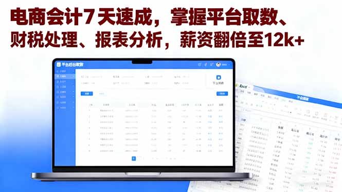 电商会计7天速成,掌握平台取数、财税处理、报表分析,薪资翻倍至12k+-云网创