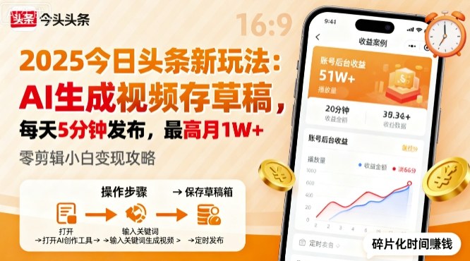 2025年今日头条躺賺新玩法,AI生成视频存草稿,每天5分钟发布,最高月1W+【揭秘】