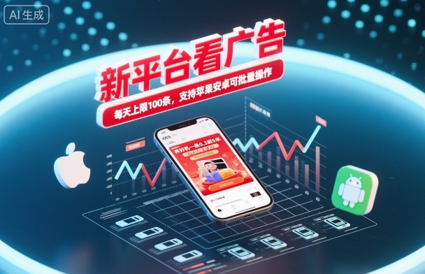 新平台看广告，养好机一条0.3到5米，每天上限100条，支持苹果安卓可批量操作-云网创
