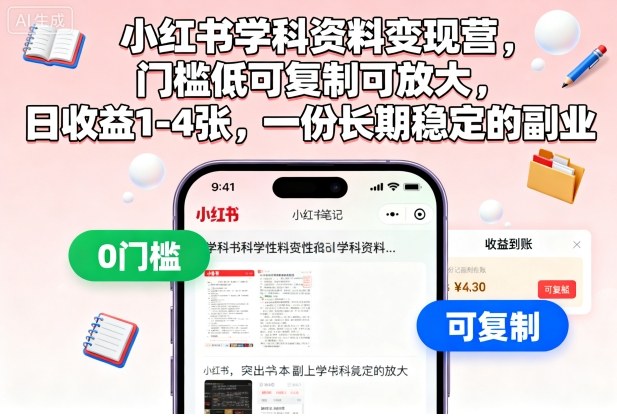 小红书学科资料变现营，门槛低可复制可放大，日收益1-4张，一份长期稳定的副业-云网创