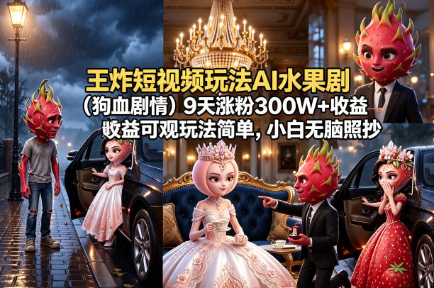 王炸短视频玩法AI水果剧(狗血剧情)9天涨粉300W+收益可观玩法简单,小白无脑照抄,详细拆解玩法