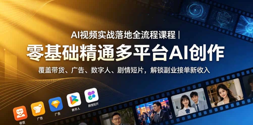 AI视频实战落地全流程课程|零基础精通多平台AI创作,覆盖带货、广告、数字人、剧情短片,解锁副业接单新收入-云网创