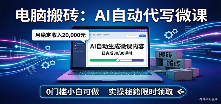 电脑搬砖AI自动代写微课，月稳定2W，0门槛小白可做，实操秘籍-云网创