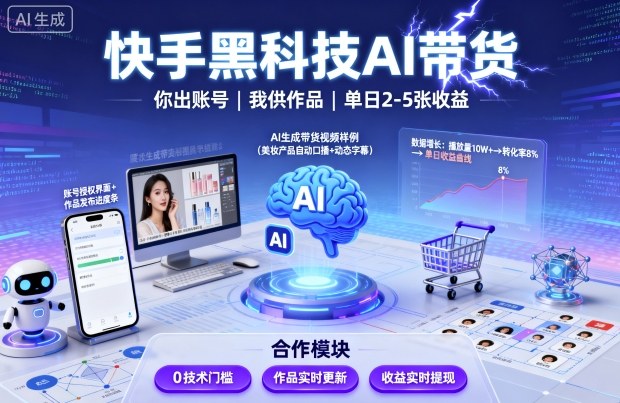 快手黑科技AI带货,你提供账号,我提供作品并发布,单日2-5张【揭秘】