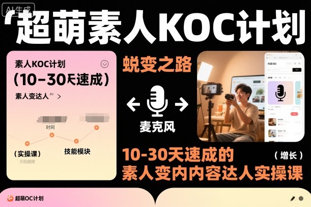 超萌素人KOC计划，10-30天速成的素人变内容达人实操课，适合想做短剧小说推文电商推广的素人入局-云网创