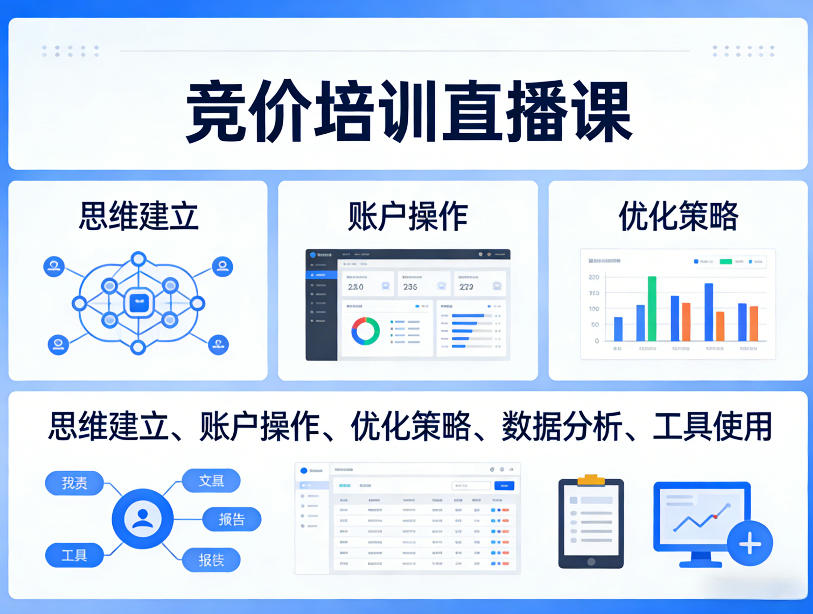 竞价培训直播课，覆盖思维建立、账户操作、优化策略、数据分析、工具使用等，全方位提升效果-云网创