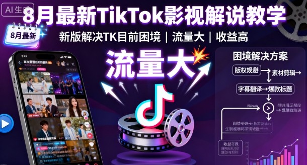 8月最新TikTok影视解说教学，新版解决TK目前困境，流量大，收益高-云网创