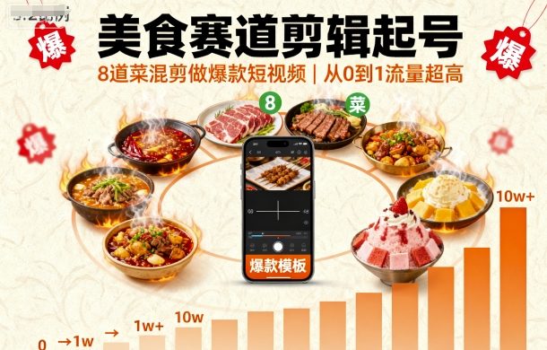 美食赛道剪辑起号，8道菜混剪做爆款短视频，从0到1，流量超高-云网创