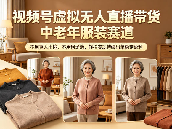 视频号虚拟无人直播带货中老年服装赛道，不用真人出镜、不用租场地，轻松实现持续出单稳定盈利-云网创