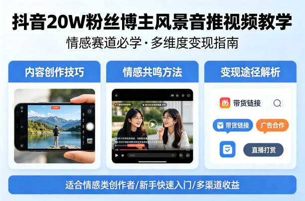 抖音20W粉丝博主风景音推视频教学，情感赛道必学，各种变现途径-云网创